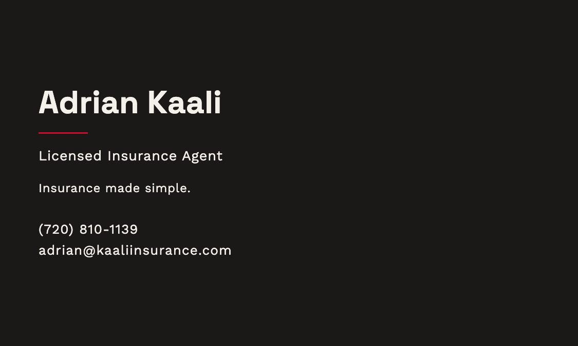 Kaali Insurance business card, back: name, title, one-liner and contact details