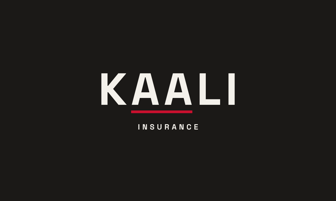 Kaali Insurance business card, front: the KAALI wordmark with a red rule on matte black